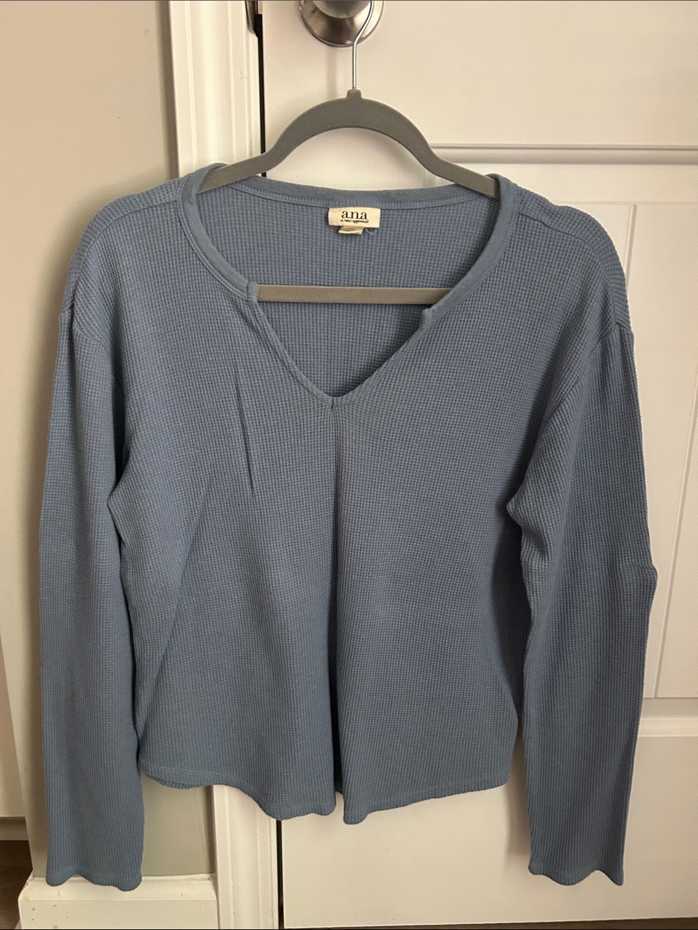 a.n.a Light Blue Waffle Knit V-Neck Long Sleeve Top